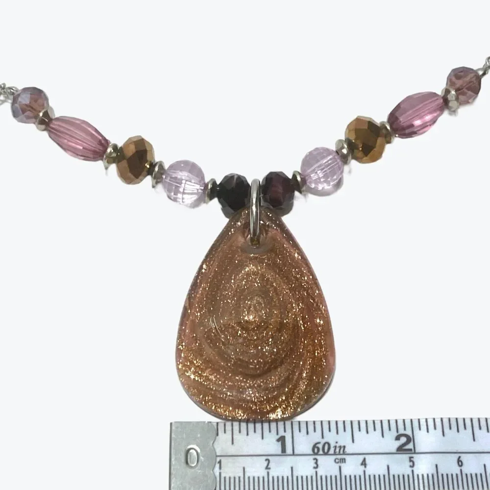Art Glass Pendant Necklace Copper Aventurine Glitter Teardrop Crystal Beads